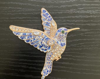 Vintage Blue White Delft Hummingbird Enamel Rhinestone Brooch Pin, Avian Bird Brooch Badge Gift