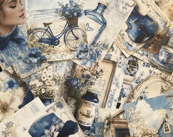 May include: A collection of rectangular paper cards featuring various blue and white illustrations, including a bicycle on a beach, a violin, a person wearing a wide-brimmed hat, a house, floral arrangements, and a glass bottle, all in a blue color palette.