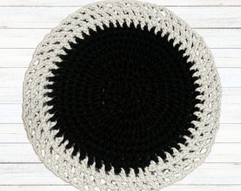 Mantel individual negro y gris tejido a mano - Decoración de mesa redonda de hilo de 10 1/2 pulgadas