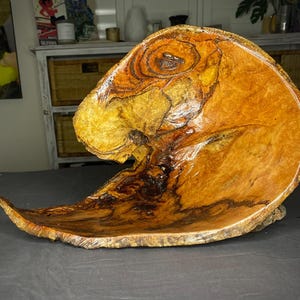 May include: A large, handcrafted wooden bowl with a unique, organic shape. The bowl features a rich, warm color palette of browns and golds, with intricate wood grain patterns. The bowl's design is reminiscent of a wave, making it a striking decorative piece.
