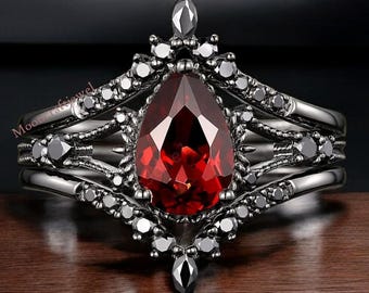 Black Rhodium Sterling Silver Garnet Ring: Gothic Pear Engagement Ring