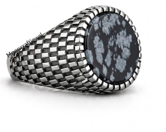 Snowflake Obsidian Men's Sterling Silver Ring, Checker Pattern Statement Ring