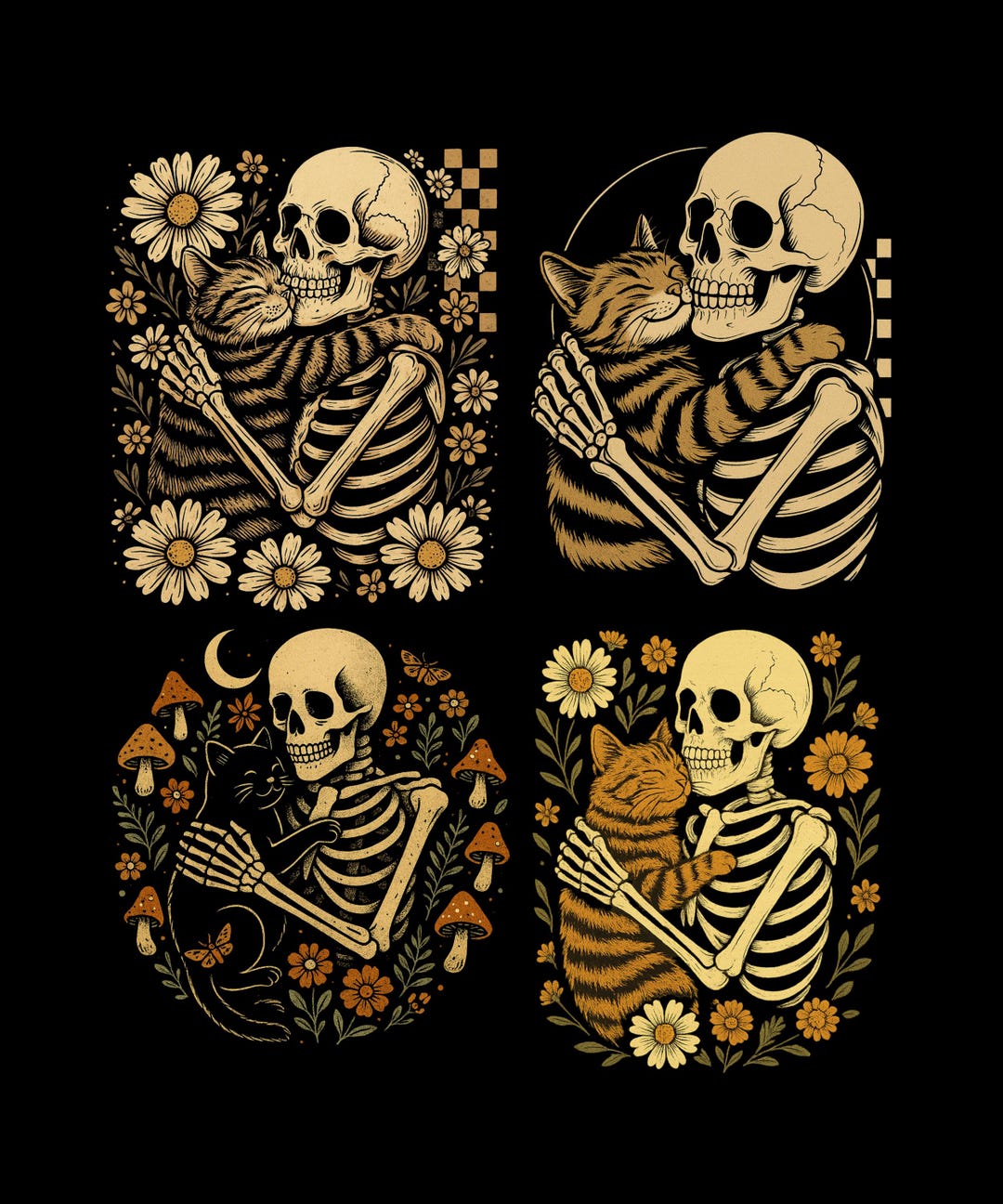 Skeleton Hugging Cat PNG | Gothic Floral Cottagecore Clipart | Vintage ...