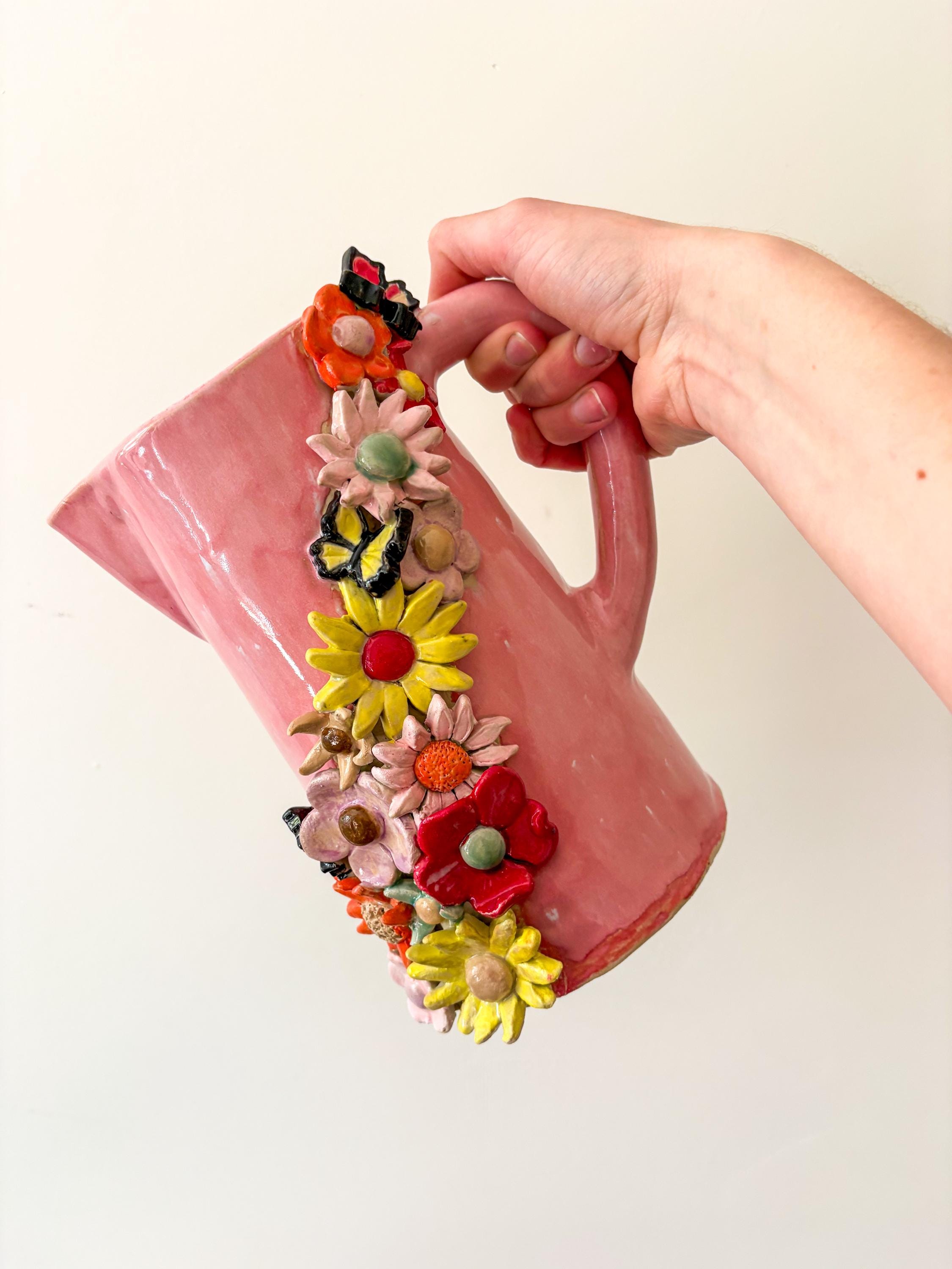 Handmade Ceramic Jug With Hand-painted Flowers | Statement Pitcher