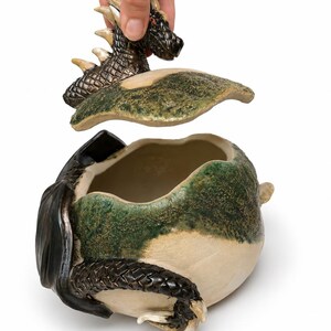 Peut inclure: Un pot en céramique avec un couvercle amovible orné d'un dragon sculpté. Le pot présente une base couleur crème avec un vernis vert texturé sur la partie supérieure. Le couvercle dragon est brun métallique foncé avec des écailles crème.