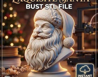 Puede incluir: Un busto impreso en 3D de color crema del Papá Noel con una barba detallada, bigote y un gorro adornado con bayas de acebo. El texto EXQUISITE SANTA BUST STL FILE aparece en la parte superior, con un icono de INSTANT DIGITAL DOWNLOAD.