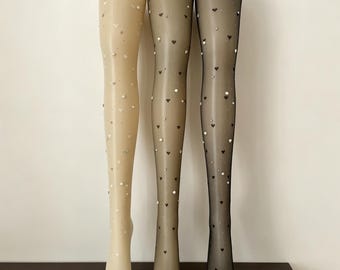 Medias transparentes con perlas y diamantes de imitación en forma de corazón para mujer, pantimedias adornadas con cristales, medias brillantes con diamantes, medias coquetas para fiestas, medias para citas nocturnas.