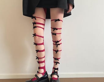 Y2K Bow Cutout Tights Sheer Strappy Pantyhose Velvet Bows Burgundy Ripped Fishnet Stockings Coquette Lace Tights Statement Party Hosiery