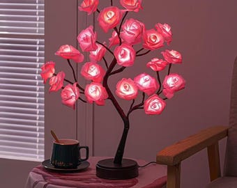 Rose Tree Lamp LED Flower Night Light Aesthetic Bedroom Decor Romantic Gift for Her USB Battery Powered Pink Flower Lamp Cozy Room Lighting
