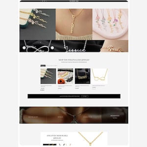 Può includere: Una pagina web che presenta gioielli personalizzati, tra cui collane con nomi come "Jessica" e "Olivia". L'immagine presenta vari stili, come ciondoli floreali e disegni a forma di simbolo dell'infinito. Il sito promuove la vendita di collane, anelli, orecchini e pendenti.