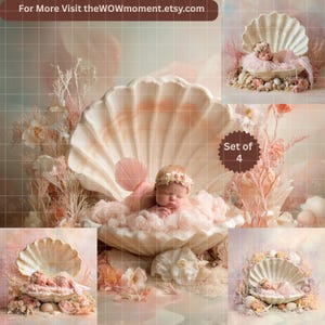 Könnte beinhalten: Ein Set aus vier Requisiten für Neugeborenenfotografie. Jede Szene zeigt ein Baby in einer Muschel, umgeben von weichen rosa und cremefarbenen Elementen. Die Requisiten umfassen Muscheln, Blumen und flauschige Texturen, die ein verträumtes Unterwasser-Thema schaffen.