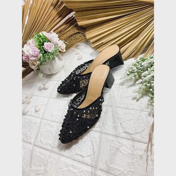 black beaded dress shoes FS049 Jessica's Black 5 Cm Black Pearl Shoes