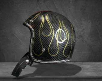 Custom Carbon Fiber Open Face Helmet with Gold Flame Pinstriping