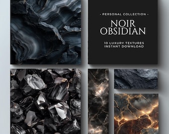 May include: A collection of digital textures featuring various shades of black and gray, with gold accents. The textures include abstract patterns, rock formations, and a square black card with the text "NOIR OBSIDIAN".