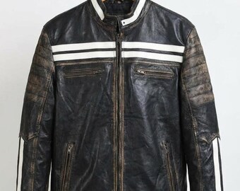 Rogueskin Black & White Striped Leather Jacket Handmade – Distressed Retro Biker Jacket Custom Fit