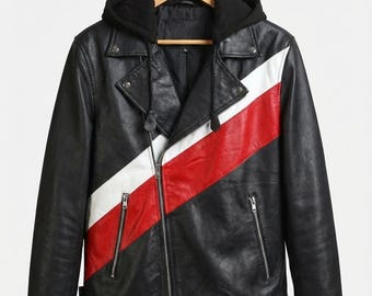 Rogueskin Handmade Men’s Black Hooded Leather Jacket with Stripes – Premium Moto Biker Style