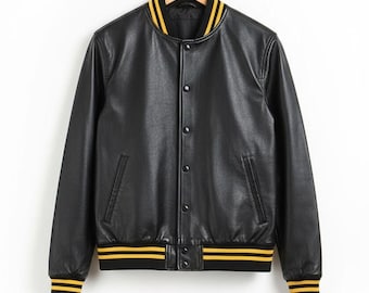 Rogueskin Men’s Black and Yellow Leather Bomber Jacket Handmade – Classic Varsity Inspired Style