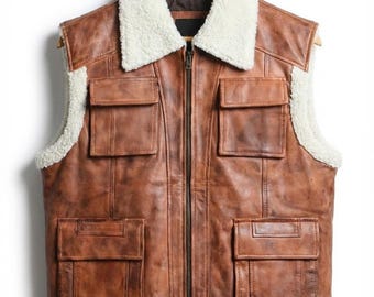Rogueskin Men’s Fur Lined Leather Vest Handmade – Classic Biker Winter Waistcoat