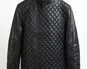 Rogueskin Handmade Genuine Leather Diamond Quilted Jacket for Men – Rugged Motorcycle Style
