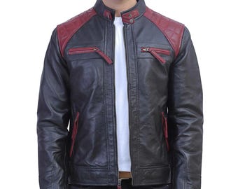 Rogueskin handmade Mens Black and Maroon Quilted Leather Jacket | Biker jacket| Bomber Jacket|Moto Jacket