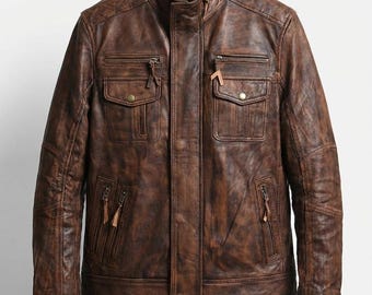 Rogueskin Handmade Brown Vintage Leather Motorcycle Jacket for Men – Classic Rider Style