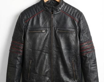 Rogueskin Premium Handmade Men’s Black Red Leather Biker Jacket – Custom Motorcycle Statement Wear