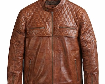Rogueskin Handmade Brown Quilted Leather Biker Jacket for Men – Rugged Motorcycle Wear