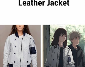 May include: A white leather jacket with navy blue detailing. The jacket features a bomber design with a zip and pockets. The image also displays the text "Heavenly Delusion Leather Jacket" at the top.