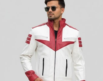 May include: White and red leather jacket with a stand-up collar and a front zipper. The jacket has red accents on the shoulders, chest, and cuffs. The model is wearing black pants and sunglasses.