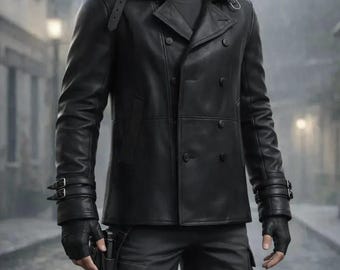 Rogueskin handmade mens RE 9 Leon Kennedy Black Leather Jacket |Celebrity jacket|