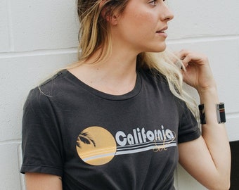 Eco-friendly California Sol Women's Seventies Style Graphic Tees By SALT AND SOL . Ethical Sustainable Eco-Fibers Slow Fashion Apparel