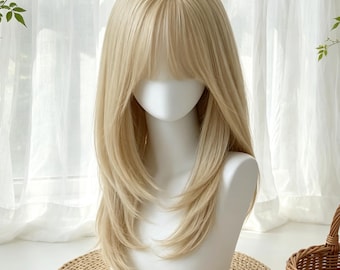 Light Blonde Layered Full Head Wig, White Women Wig With Bangs, Medium Long Natural Hair Wig, Girl Cosplay Party Wig, Halloween Costume Wig