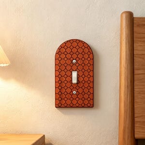 May include: An arched light switch cover plate featuring a repeating dark brown honeycomb pattern on a reddish-orange background. The plate is secured with two silver-toned screws and contains a single white toggle switch in the center.