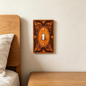 Carved Wooden Single Toggle Switch Plate, Bohemian Bedroom Decor Wood Toggle Switch Plate, Minimal Floral Engraved Wood Toggle Switch Cover