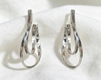 Minimalist Silver Double Teardrop Hoop Earrings, Twisted Layered Dangle Drop Earrings, Elegant Daily Wear Jewelry, Chic Simple Ear Accessory