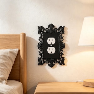 May include: A black electrical wall outlet cover plate featuring an ornate, decorative frame with intricate scrollwork and leaf-like details. The central rectangular section is flat and black, surrounding a standard white two-prong electrical outlet.