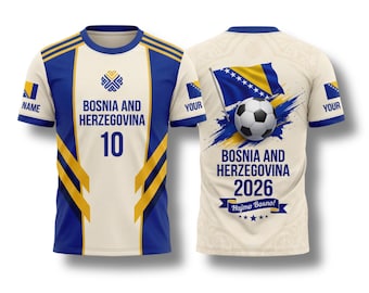 Bosnia 2026 Soccer Fan T Shirt, Custom Name Number Tee, Blue Yellow Football Gift