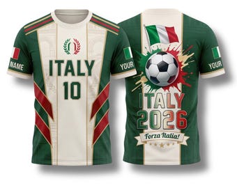 Italy 2026 Soccer Fan T Shirt, Custom Name Number Tee, Green White Football Gift