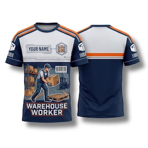 May include: A navy blue and white t-shirt with an orange stripe design. The front of the shirt features a warehouse worker graphic, a barcode, and the words "WAREHOUSE WORKER" and "YOUR NAME". The back of the shirt is solid navy blue with an orange stripe.