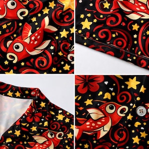 Peut inclure: Gros plan sur un tissu noir orn&eacute; d'un motif r&eacute;p&eacute;t&eacute; de poissons rouges, d'&eacute;toiles jaunes et de motifs floraux rouges. Les poissons ont de grands yeux et des taches blanches. Le tissu semble faire partie d'une chemise ou d'un v&ecirc;tement similaire.