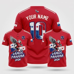 May include: Red soccer jerseys with white accents, featuring the Panama flag colors and a stylized eagle graphic. The jerseys have the text "VAMOS PANAMA 2026" and space for a name and the number 10. The design includes the Panama flag.