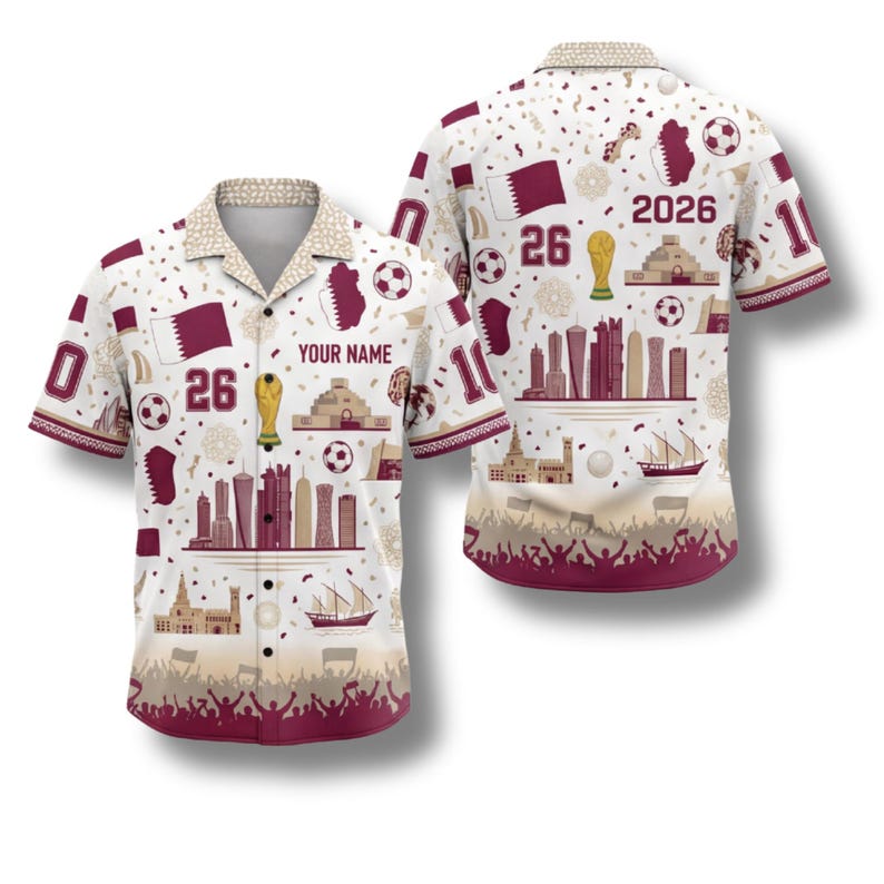 Cadeau chemise hawaïenne Qatar 2026 pour fan de football, chemise boutonnée tropicale personnalisée image 1