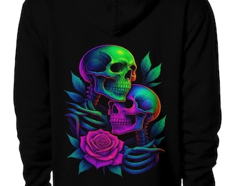 Felpa con cappuccio "Eternal Love" di Dinos / Design unico con teschio e rosa al neon / Streetwear ultra-premium / di Dinos