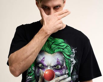 Maglietta oversize con grafica Mad Joker, Rock Chang × Dinos Streetwear, magliette artistiche in cotone