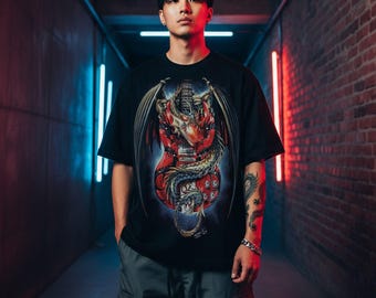 Maglietta grafica con chitarra drago – Rock Chang Maglietta oversize dinos isr