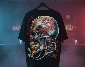 Maglietta oversize con teschio e drago chiodato - Streetwear in edizione limitata Rock Chang and Dinos