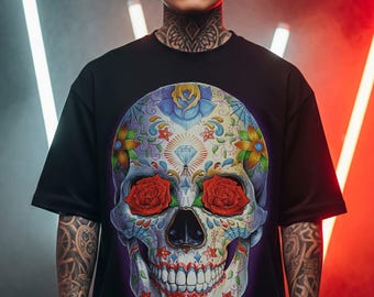 T-shirt oversize con teschio di zucchero, Rock Chang × Dinos Streetwear, maglietta con stampa floreale gotica, edizione limitata