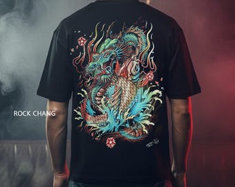 Maglietta grafica Dragon & Koi – Maglietta streetwear oversize Rock Chang'S dinos isr
