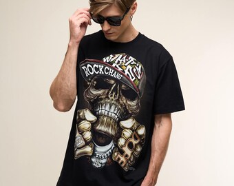 Rock Chang × Dinos — Maglietta Supreme con teschio dorato / Streetwear oversize in 100% cotone