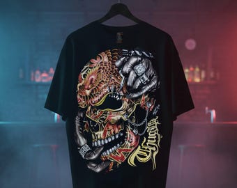 Maglietta oversize con teschio e pugno di drago - Streetwear in cotone in edizione limitata Dinos and Rock Chang